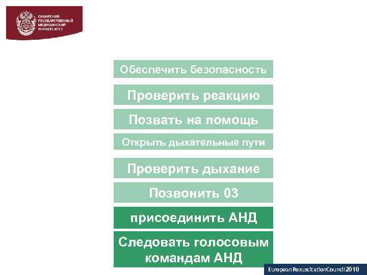 Обеспечить безопасность Проверить реакцию Позвать на помощь Открыть дыхательные пути Проверить дыхание Позвонить 03