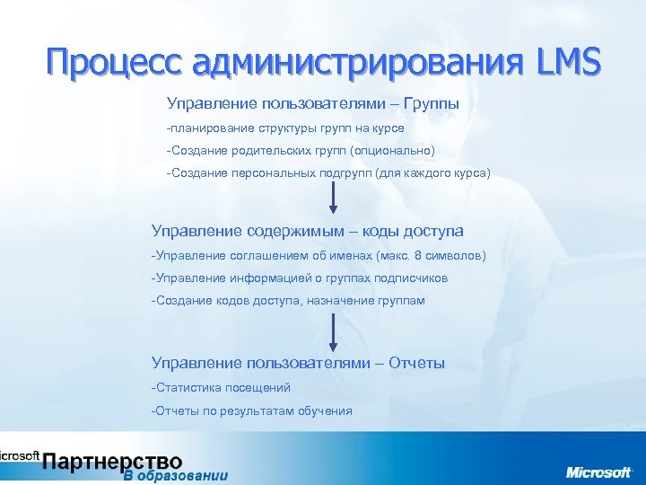 Процесс администрирования LMS Управление пользователями – Группы -планирование структуры групп на курсе -Создание родительских