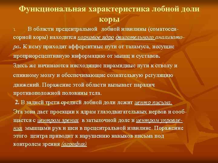 Функциональная характеристика лобной доли коры В области прецентральной лобной извилины (соматосенсорной коры) находится корковое