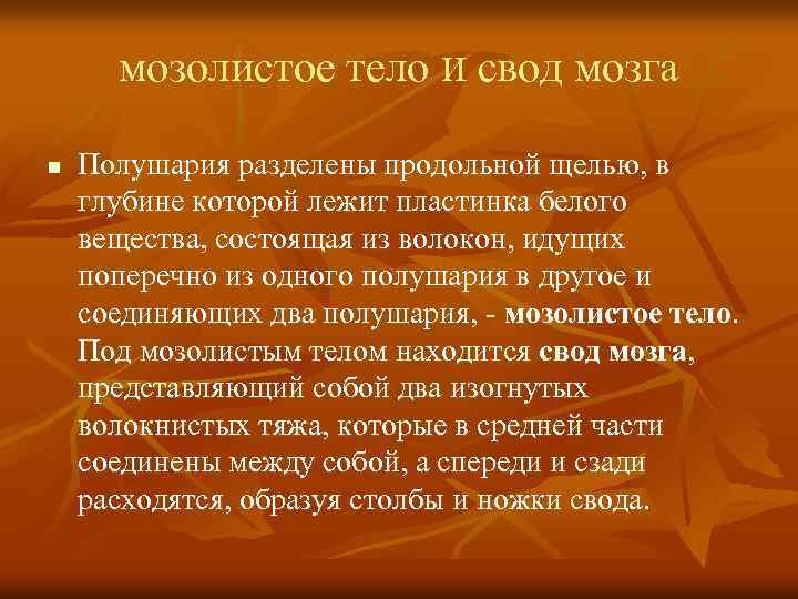 мозолистое тело И свод мозга n Полушария разделены продольной щелью, в глубине которой лежит