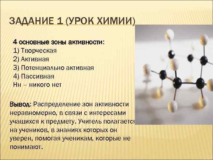 ЗАДАНИЕ 1 (УРОК ХИМИИ) 4 основные зоны активности: 1) Творческая 2) Активная 3) Потенциально