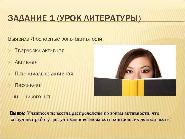 ЗАДАНИЕ 1 (УРОК ЛИТЕРАТУРЫ) Выявила 4 основные зоны активности: Ø Творчески активная Ø Активная