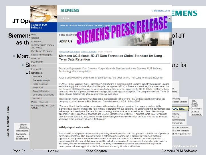 JT Open Program Accomplishments Siemens Corporate Technology has facilitated the adoption of JT as