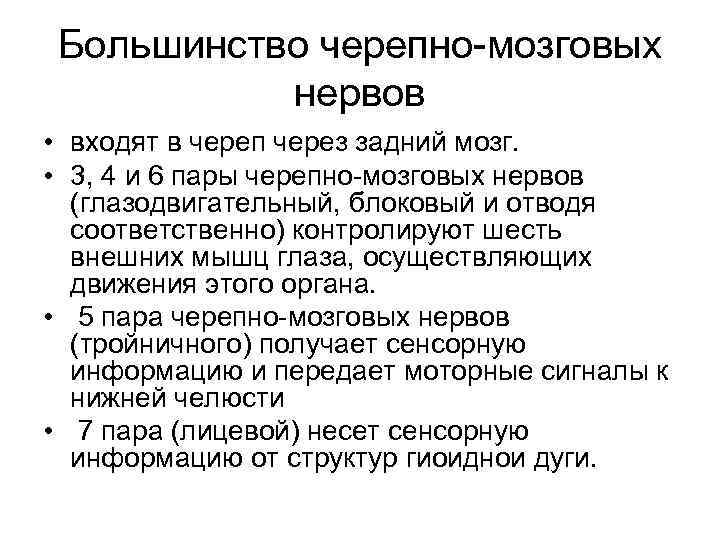 Большинство черепно-мозговых нервов • входят в череп через задний мозг. • 3, 4 и