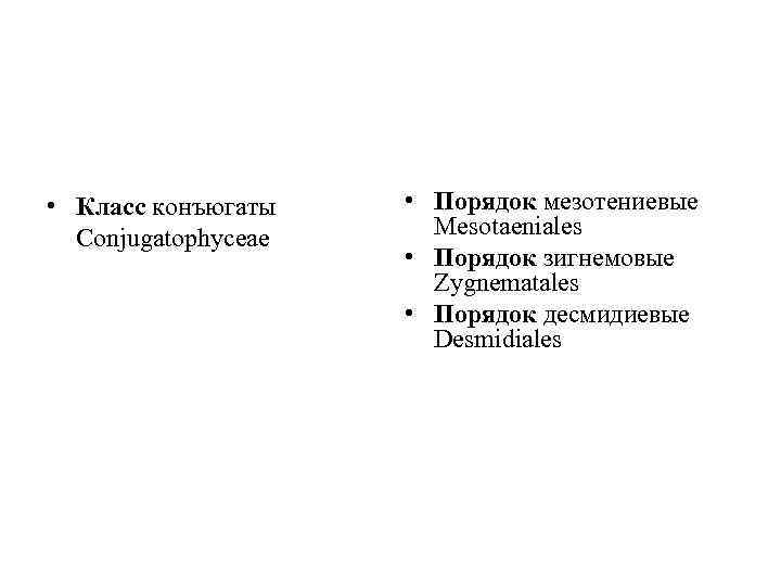  • Класс конъюгаты Conjugatophyceae • Порядок мезотениевые Mesotaeniales • Порядок зигнемовые Zygnematales •