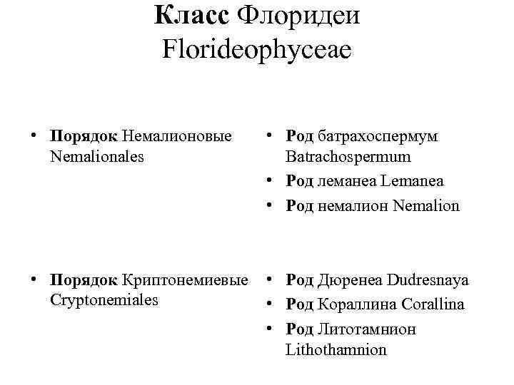 Класс Флоридеи Florideophyceae • Порядок Немалионовые Nemalionales • Род батрахоспермум Batrachospermum • Род леманеа