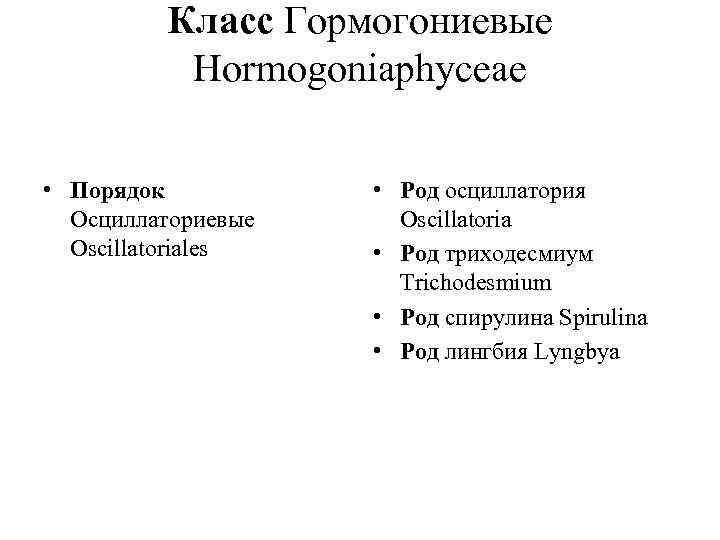 Класс Гормогониевые Hormogoniaphyceae • Порядок Осциллаториевые Oscillatoriales • Род осциллатория Oscillatoria • Род триходесмиум