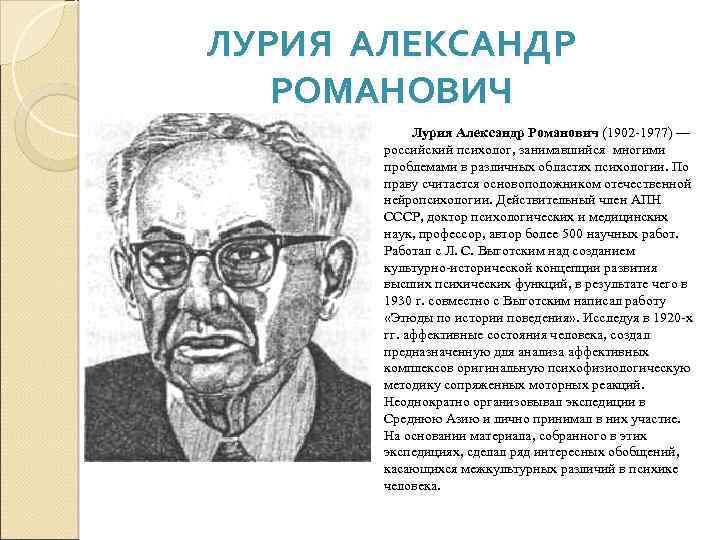 ЛУРИЯ АЛЕКСАНДР РОМАНОВИЧ Лурия Александр Романович (1902 1977) — российский психолог, занимавшийся многими проблемами
