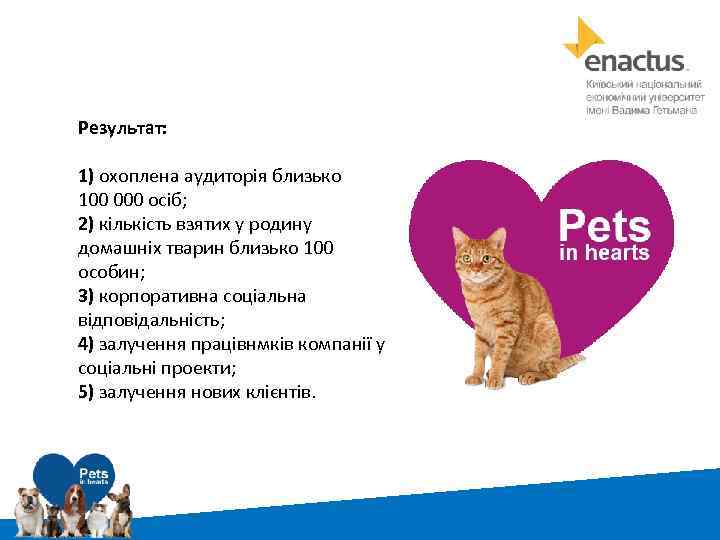 Результат: 1) охоплена аудиторія близько 100 000 осіб; 2) кількість взятих у родину домашніх