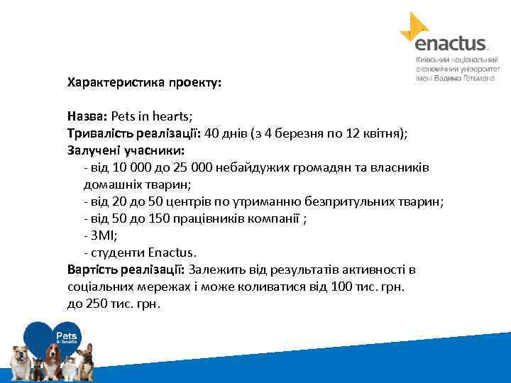 Характеристика проекту: Назва: Pets in hearts; Тривалість реалізації: 40 днів (з 4 березня по