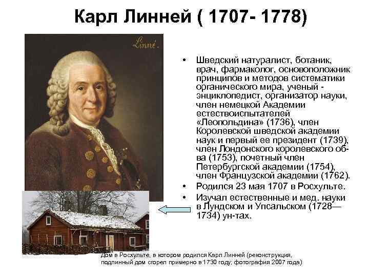 Карл Линней ( 1707 - 1778) • • • Шведский натуралист, ботаник, врач, фармаколог,