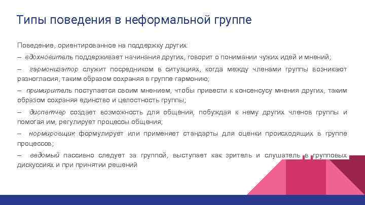 Типы поведения в неформальной группе Поведение, ориентированное на поддержку других: – вдохновитель поддерживает начинания