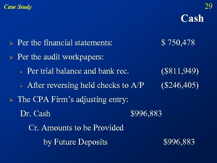 29 Case Study Cash Ø Per the financial statements: Ø $ 750, 478 Per