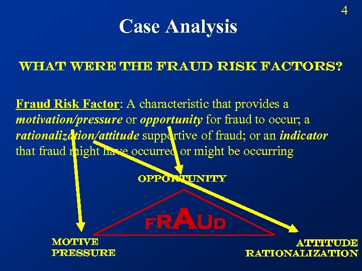 4 Case Analysis What were the Fraud risk factors? Fraud Risk Factor: A characteristic