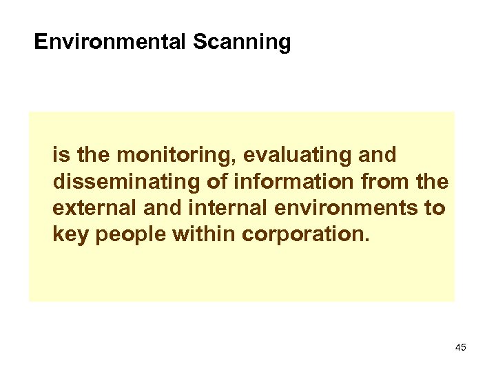 Environmental Scanning is the monitoring, evaluating and disseminating of information from the external and