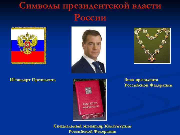Символы президентской власти России Штандарт Президента Знак президента Российской Федерации Специальный экземпляр Конституции Российской