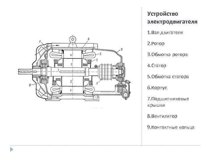 Устройство электродвигателя 1. Вал двигателя 2. Ротор 3. Обмотка ротора 4. Статор 5. Обмотка
