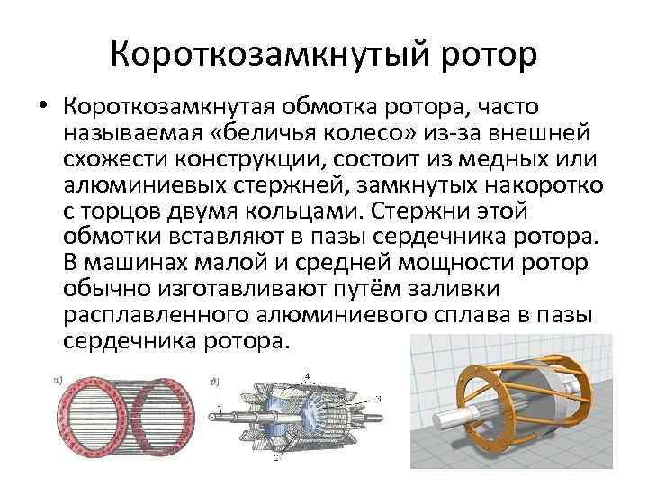 Короткозамкнутый ротор • Короткозамкнутая обмотка ротора, часто называемая «беличья колесо» из-за внешней схожести конструкции,