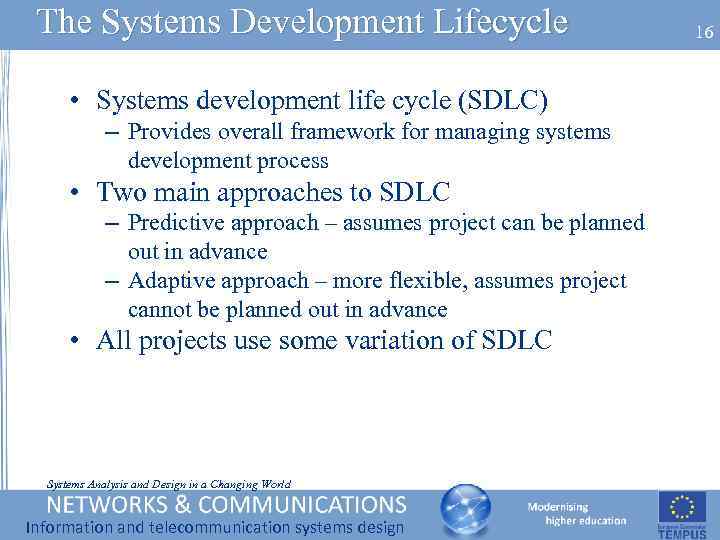 The Systems Development Lifecycle • Systems development life cycle (SDLC) – Provides overall framework