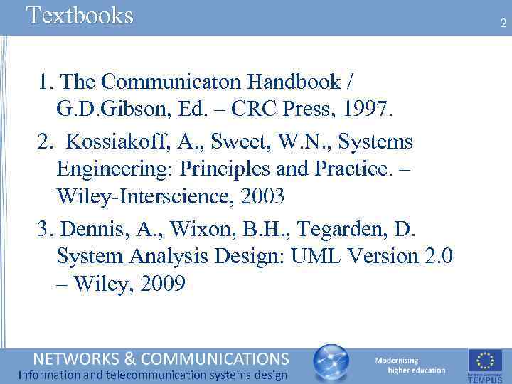 Textbooks 1. The Communicaton Handbook / G. D. Gibson, Ed. – CRC Press, 1997.