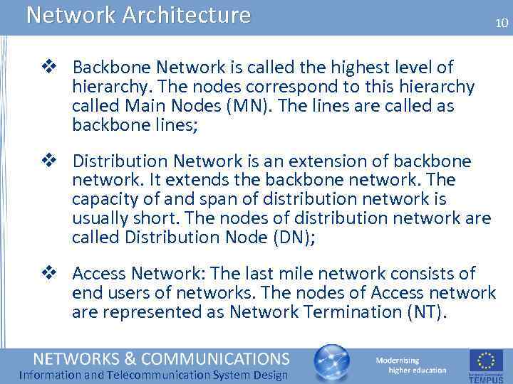 Network Architecture 10 v Backbone Network is called the highest level of hierarchy. The