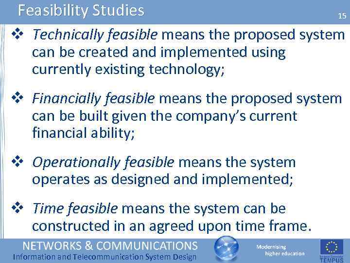 Feasibility Studies 15 v Technically feasible means the proposed system can be created and