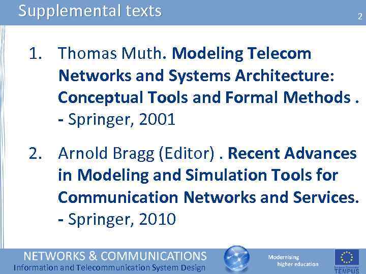 Supplemental texts 2 1. Thomas Muth. Modeling Telecom Networks and Systems Architecture: Conceptual Tools