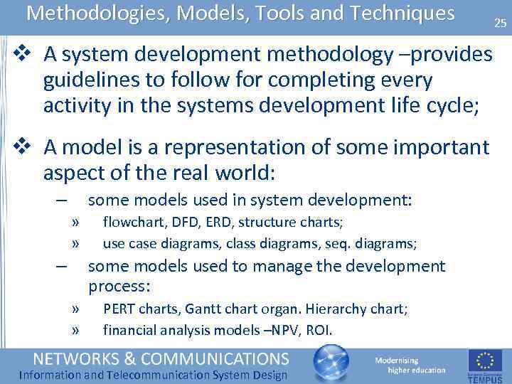 Methodologies, Models, Tools and Techniques v A system development methodology –provides guidelines to follow