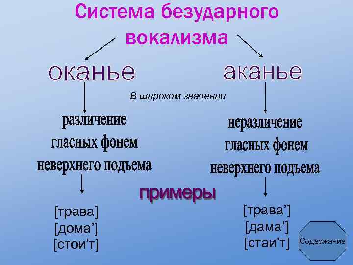 Система безударного вокализма В широком значении [трава] [дома’] [стои’т] [трава’] [дама’] [стаи’т] Содержание 