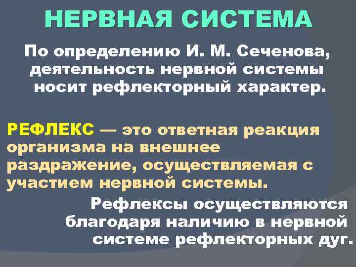 НЕРВНАЯ СИСТЕМА По определению И. М. Сеченова, деятельность нервной системы носит рефлекторный характер. РЕФЛЕКС