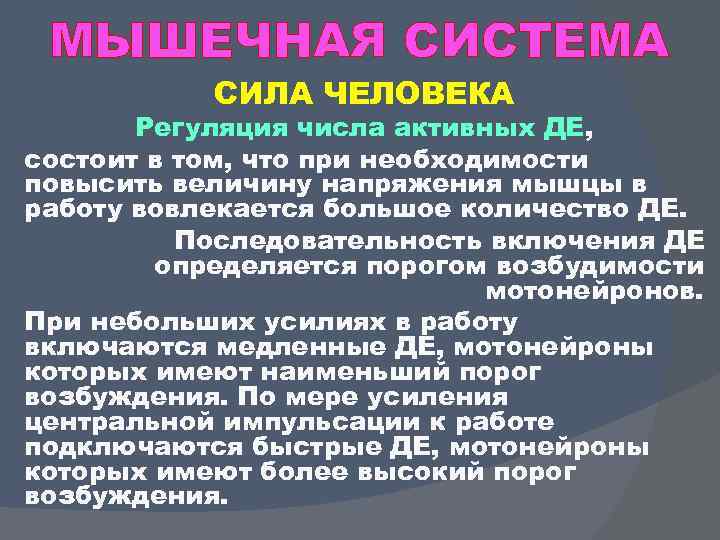 МЫШЕЧНАЯ СИСТЕМА СИЛА ЧЕЛОВЕКА Регуляция числа активных ДЕ, состоит в том, что при необходимости