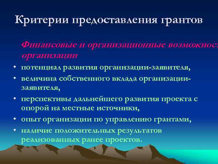 Критерии предоставления грантов Финансовые и организационные возможност организации • потенциал развития организации-заявителя, • величина