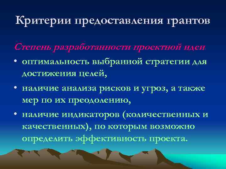 Критерии предоставления грантов Степень разработанности проектной идеи • оптимальность выбранной стратегии для достижения целей,