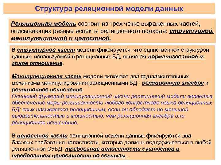 Структура реляционной модели данных Реляционная модель состоит из трех четко выраженных частей, описывающих разные