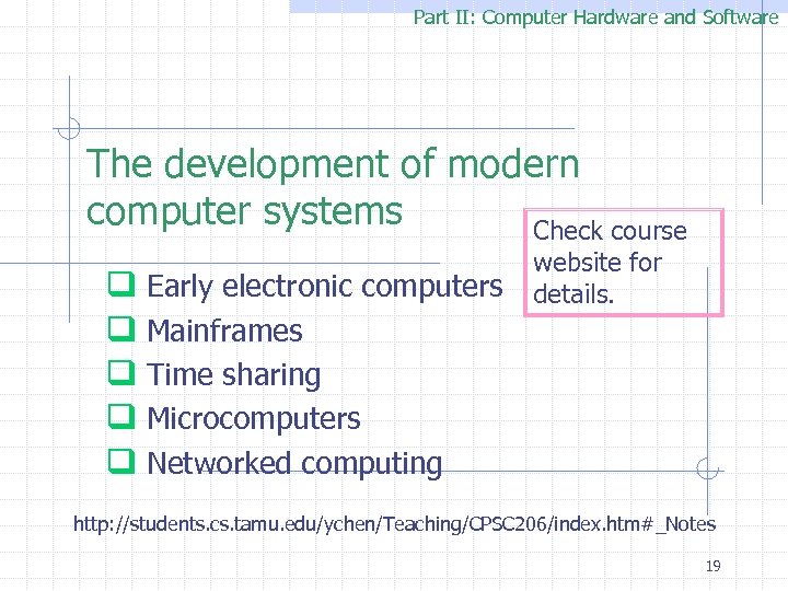 Part II: Computer Hardware and Software The development of modern computer systems Check course