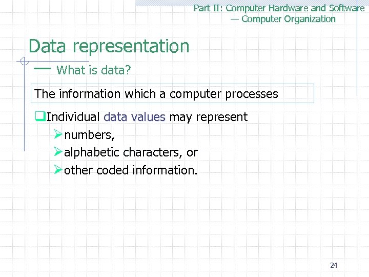 Part II: Computer Hardware and Software — Computer Organization Data representation — What is