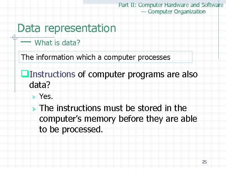 Part II: Computer Hardware and Software — Computer Organization Data representation — What is