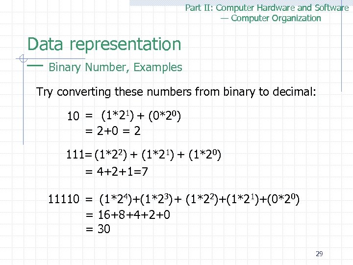 Part II: Computer Hardware and Software — Computer Organization Data representation — Binary Number,