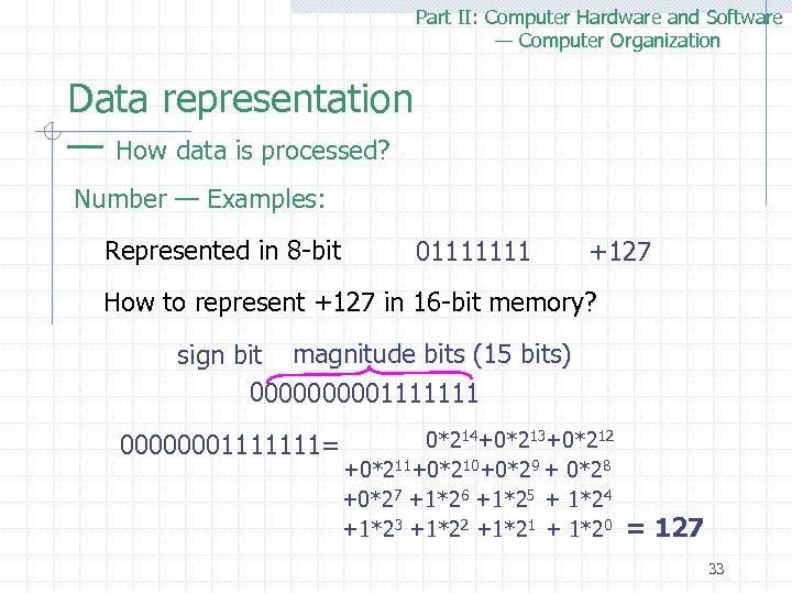 Part II: Computer Hardware and Software — Computer Organization Data representation — How data