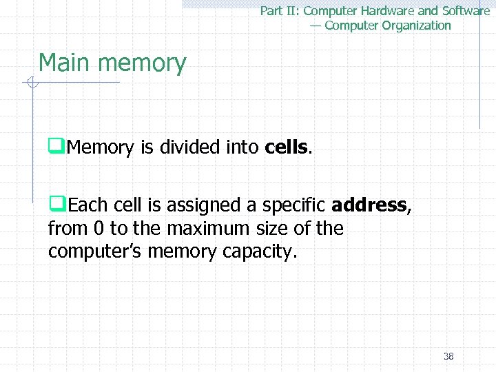 Part II: Computer Hardware and Software — Computer Organization Main memory q. Memory is