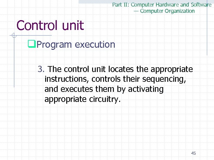 Part II: Computer Hardware and Software — Computer Organization Control unit q. Program execution