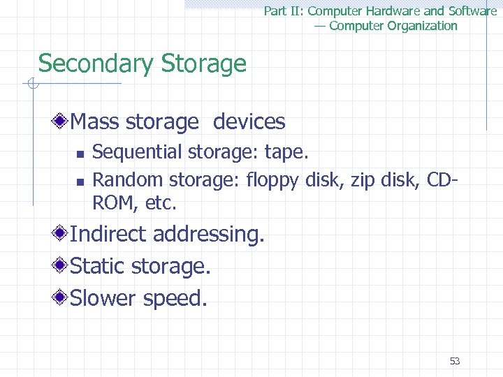 Part II: Computer Hardware and Software — Computer Organization Secondary Storage Mass storage devices