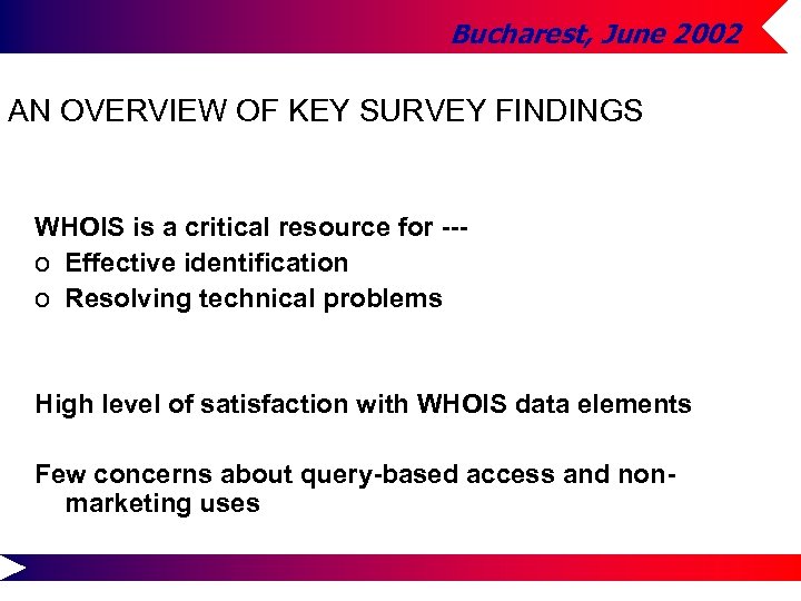 Bucharest, June 2002 AN OVERVIEW OF KEY SURVEY FINDINGS WHOIS is a critical resource