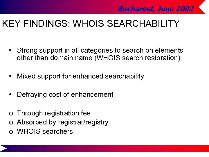 Bucharest, June 2002 KEY FINDINGS: WHOIS SEARCHABILITY • Strong support in all categories to