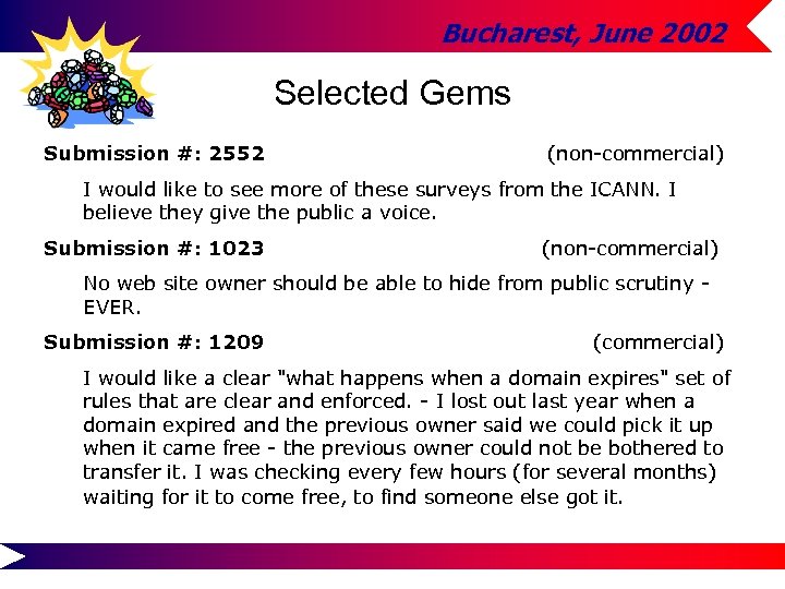 Bucharest, June 2002 Selected Gems Submission #: 2552 (non-commercial) I would like to see