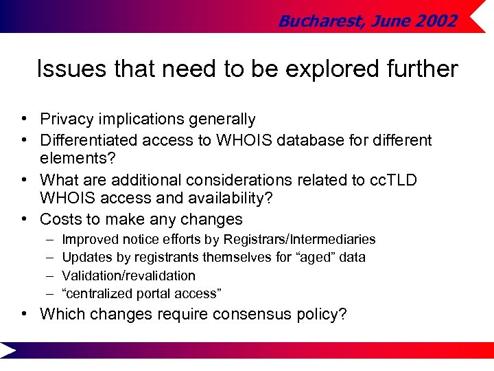 Bucharest, June 2002 Issues that need to be explored further • Privacy implications generally