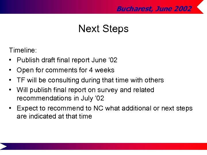Bucharest, June 2002 Next Steps Timeline: • Publish draft final report June ’ 02