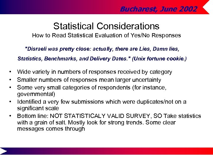 Bucharest, June 2002 Statistical Considerations How to Read Statistical Evaluation of Yes/No Responses "Disraeli