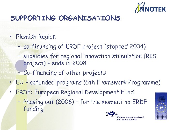 SUPPORTING ORGANISATIONS • Flemish Region – co-financing of ERDF project (stopped 2004) – subsidies