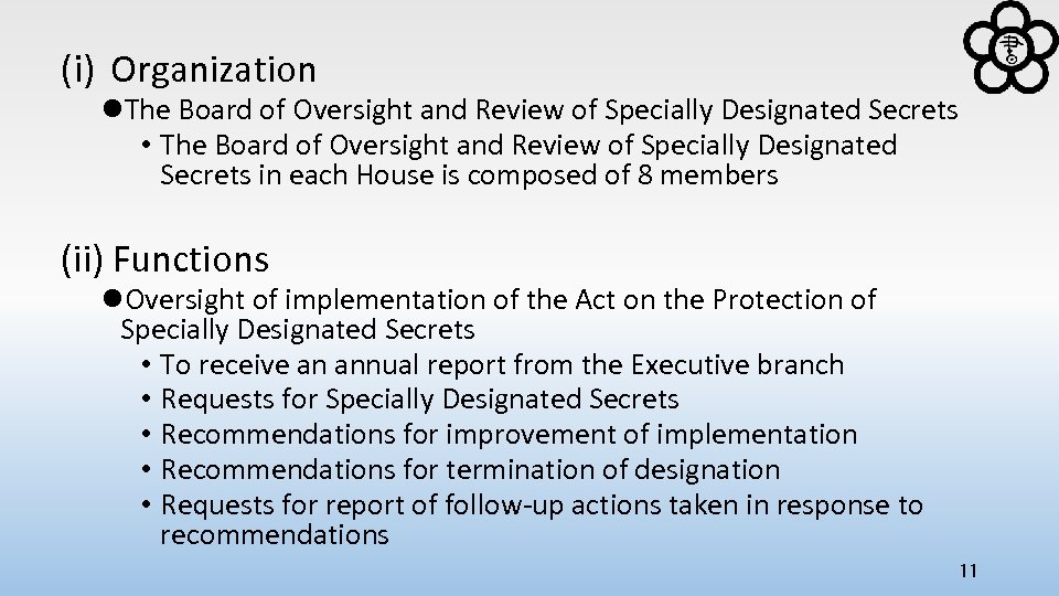 (i) Organization l. The Board of Oversight and Review of Specially Designated Secrets •